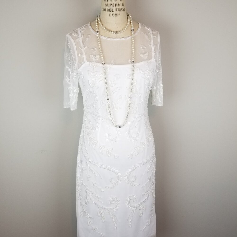 Gorgeous Adrianna Papell White Beaded Special Occasion Sheath Dress Size 4